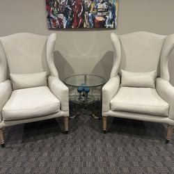 2 Ivory Linen  Wingback Chairs