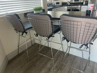 Set of 4 Chrome Bertoia Style Wire Bar Stools with Cushions