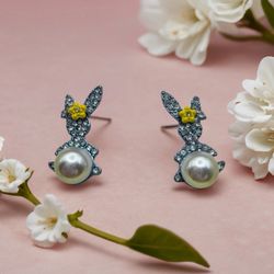 Betsey Johnson Blue Metallic Rabbit Stud Earrings Faux Pearl & Crystal NWT