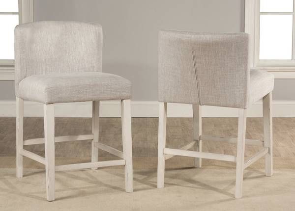 New Set of 2 XL Wide Seat Counter Height Backed Bar Stools White Wood Stool Gray Cushion