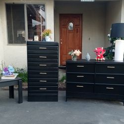 6 Drawer Upright Dresser, 6 Drawer Standard Dresser+ End Table -Black With Gold 