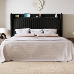 Queen Size Platform Bed Frame with USB Charging Station and Storage Shelf/Upholstered Velvet Wingback Headboard/Wooden Slats Support/No Box Spring Nee