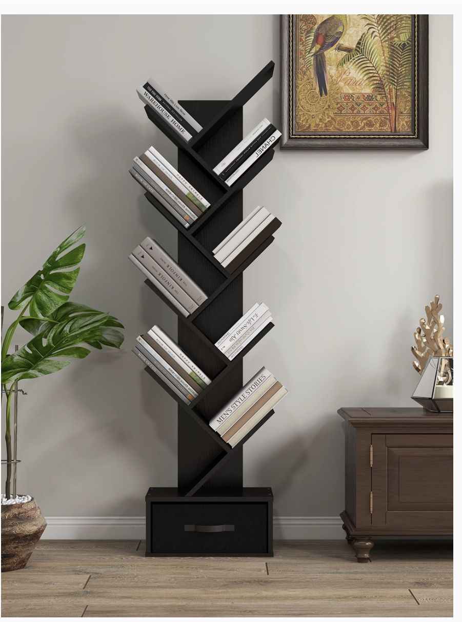 New In Box - Tree Bookshelf with Drawer, 8-Tier Wooden Storage Rack Wisdom Tree Book Holder