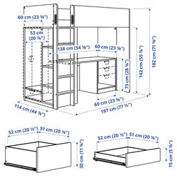 Loft bed, white white/with desk with 4 drawers, Twin
