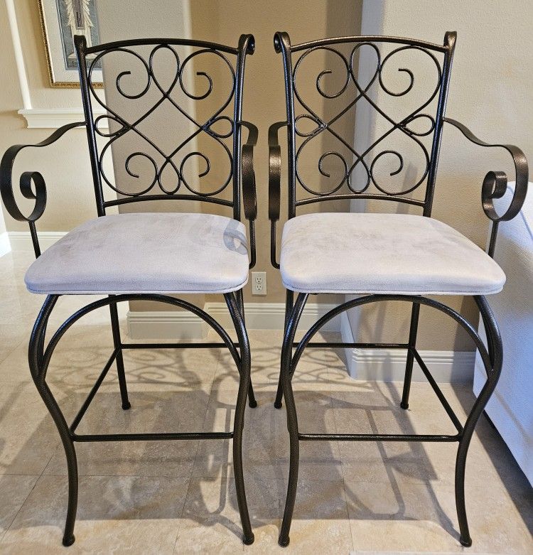 Two Metal Bar Stools with Fabric Seats