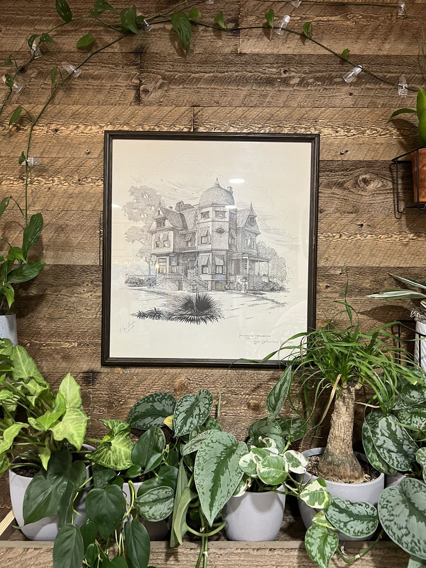 Vintage Moody Maximalist Architecture Ink Drawn Framed Sketch Exterior Elevation House Victorian 1986