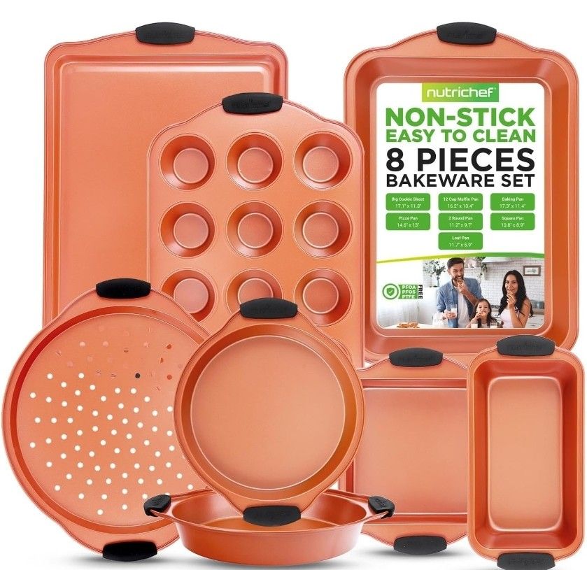 NutriChef 8 Piece Baking Pans Set - Nonstick Carbon Steel Bakeware Set w/ Silicone Heat-Safe Handles - Includes Loaf Pan, Muffin Pan, Cookie Sheets, P