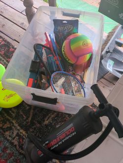 Nerf guns, bullets, badminton set, air pump, etc.