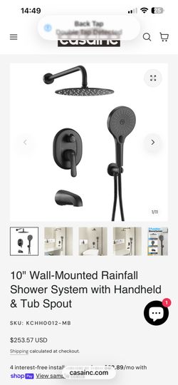 10’ wall mounted rainfall shower system with handheld & tub spout