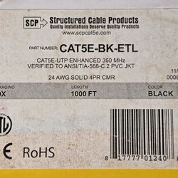 Cat-5E-BK- ETL
Structured cable products
24 AWG Solid 4 PR CMR
35 MHZ
Verified to ANSI/TIA-568-C 2 PVC JKT
BLACK
788 FEET OF 1000 FEET LEFT NEW