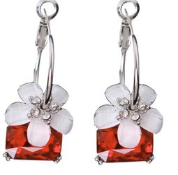 RED WHITE SILVER CRYSTAL FLOWER HOOP PARTY DANGLE EARRINGS