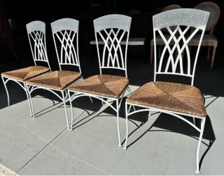 Outdoor patio White steel Dining Chairs with Rush Seats