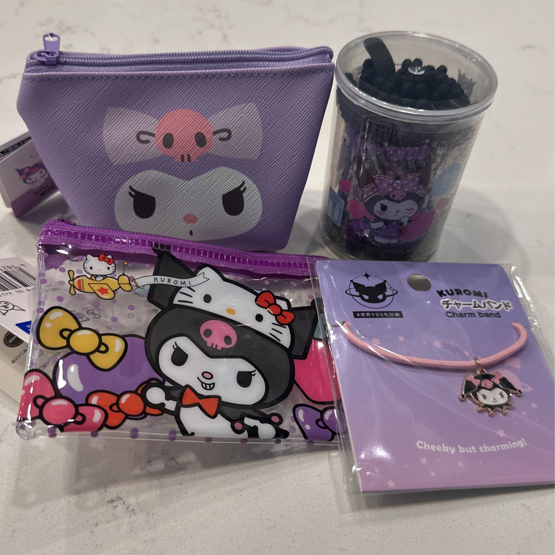 New Sanrio Kuromi 2 Pourch, Charm Band and Cotton Swabs 
