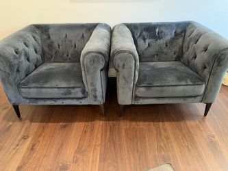 Pair of Navy Blue Velvet Accent Chairs | Modern Tufted Barrel Chairs