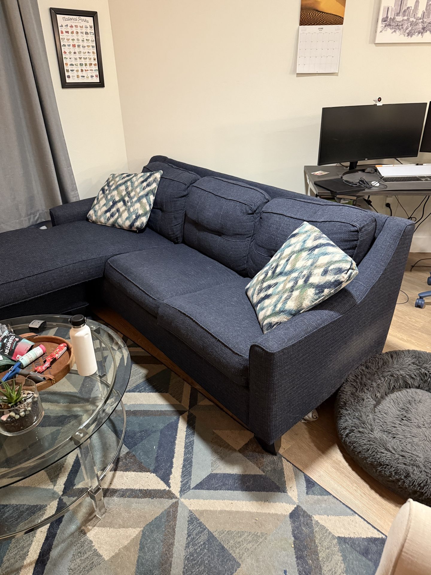 Navy Blue Couch with Chaise & Pull-Out Bed