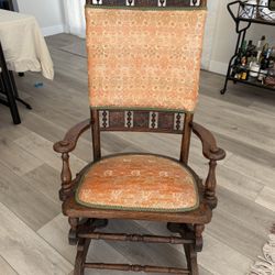 Antique Carved Wooden Armchair – Upholstered Seat & Back