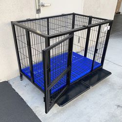 (NEW) $170 Heavy-Duty Dog Cage 43x30x34” Single-Door Folding Crate Kennel with Plastic Floor & Tray 