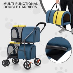 4 in 1 Double Pet Stroller, Foldable Cat Stroller for 2 Cats/Dogs with Detachable Carrier Bags & Rear Brakes, Navy Blue/Yellow