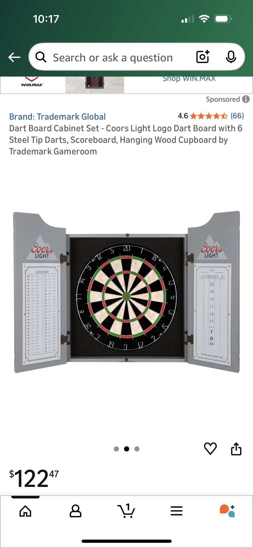 Dart Board Cabinet Set - Coors Light Logo Dart Board with 6 Steel Tip Darts, Scoreboard, Hanging Wood Cupboard by Trademark Gameroom