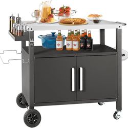 Grill Cart Table with Big Storage Cabinet, Movable Outdoor Dining Cart Pizza Oven Stand, Kitchen Cart Island Multifunction Food Prep Table Stainless S