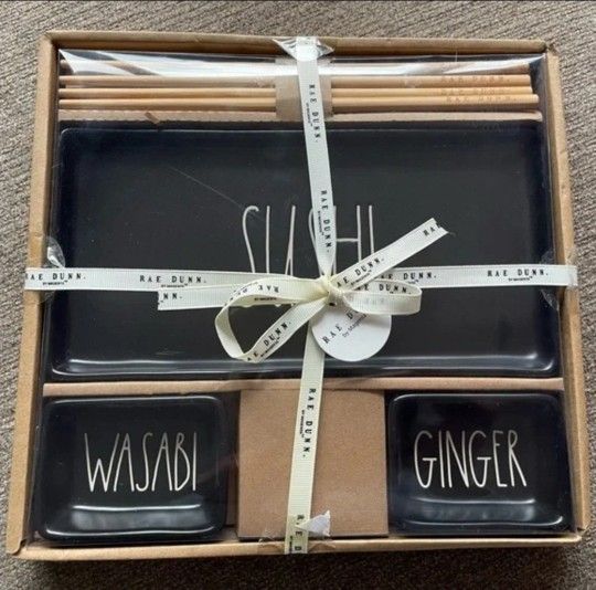 Rae Dunn SUSHI WASABI GINGER Dish & Chopstick Set