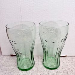 2 Libbey Coca Cola Green Curved Bottle Style Drinking Glasses 6” Coke Tumblers