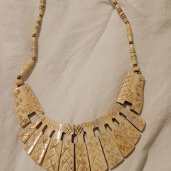 VINTAGE METAL & BONE BEADS  WITH ENGRAVED GRADUATED BONE STRIPS TRIBAL NECKLACE