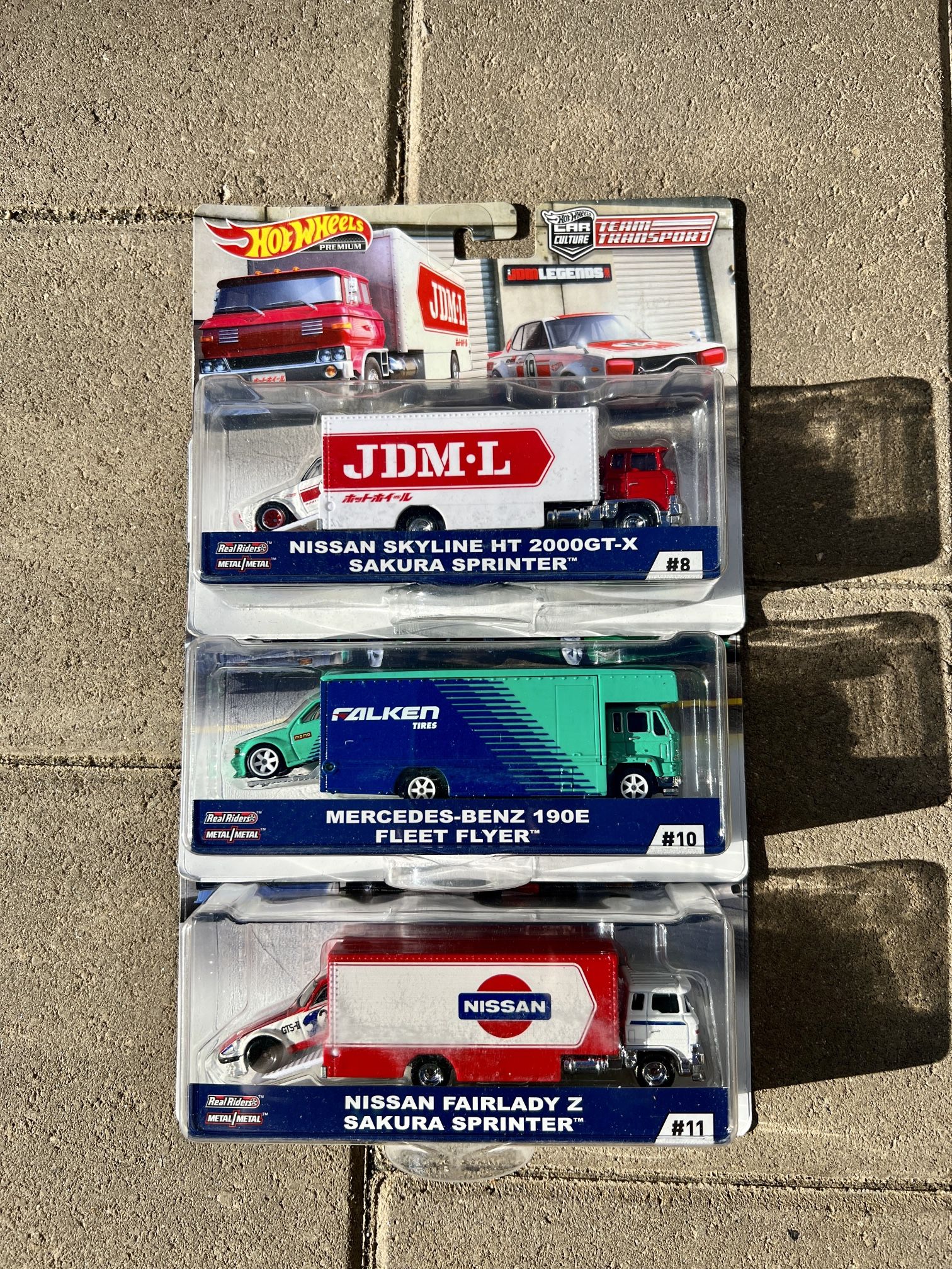 Hot Wheels Team Transport set of all 3 (NISSAN HAKOSUKA HAKO) + (FAIRLADY Z S30) + (MERCEDES BENZ MBZ 190E Falken Tires)