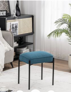 Blue Fabric Vanity Stool Boucle Velvet Ottoman Foot Stool Rectangle Tufted Lamb Fleece 19 inch H New