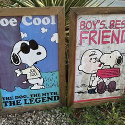 Pair of Vintage Framed Snoopy Charlie Brown Peanuts Joe Cool Posters
