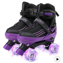 HXWY Kids Roller Skates for Boys Girls Child, Adjustable 4 Sizes Roller Skates for Adult and Youth with Light Up Wheels, Black Purple Patines para niñ