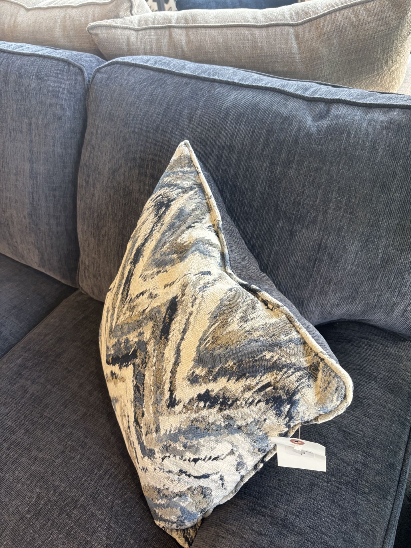 New Sofa Adrian Denim w/ 2 grey & white chevron pillowsSKU NSCR9X Home & Garden