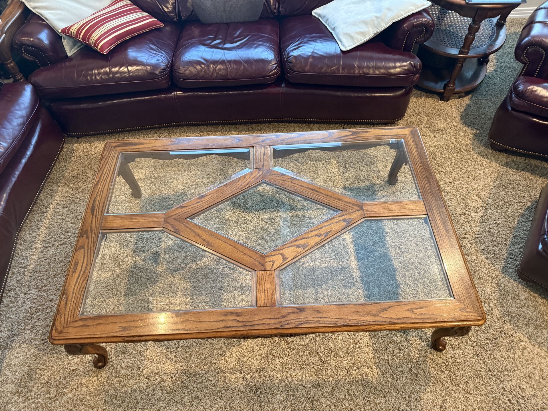 Elegant Oak Coffee Table with Beveled Glass Inserts & Hand-Carved Detail