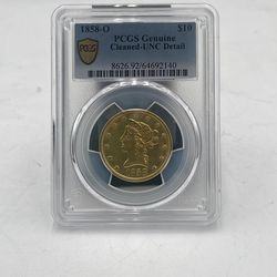 PCGS genuine cleaned 1858-O $10 liberty coin