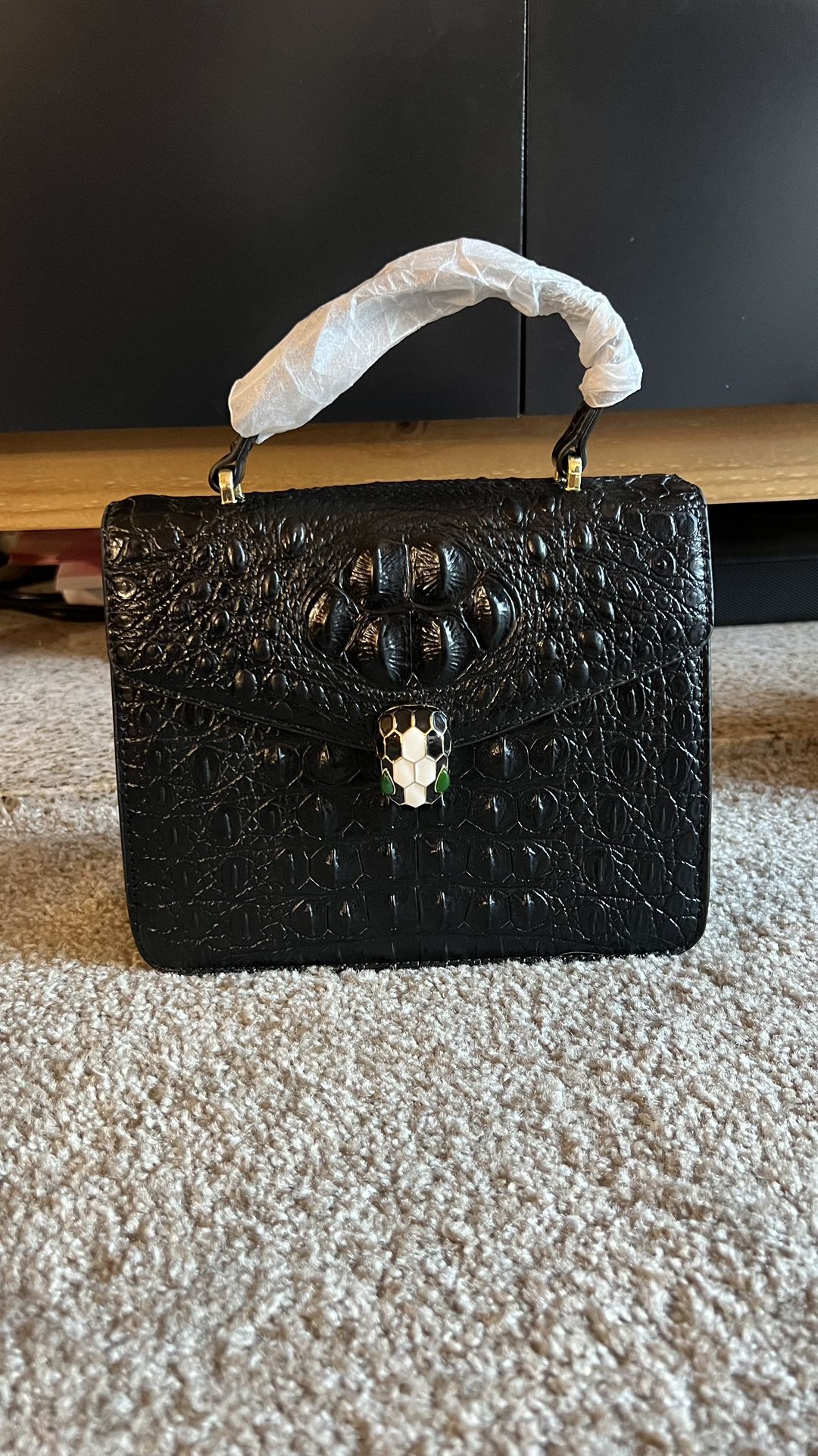Black Leather Croc Sling Bag