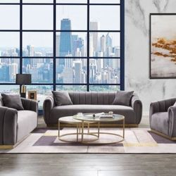 3PC Elchanon Gray/Gold Velvet Living Room Set 