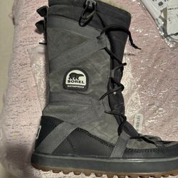 Womens Size 7.5 Sorel Glacy Explorer Grey Suede And Canvas Waterproof 12” Snow Boot