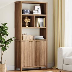 71" Fluted Bookcase with Doors: 5 Tier Book Case with Large Storage and Open Shelf, Farmhouse Bookshelves for Living Room Bedroom Home Office Kitchen 
