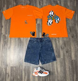 Chrome Heart Shirt, Louis Vuitton Shorts, and Adidas Jellyfish Brand New