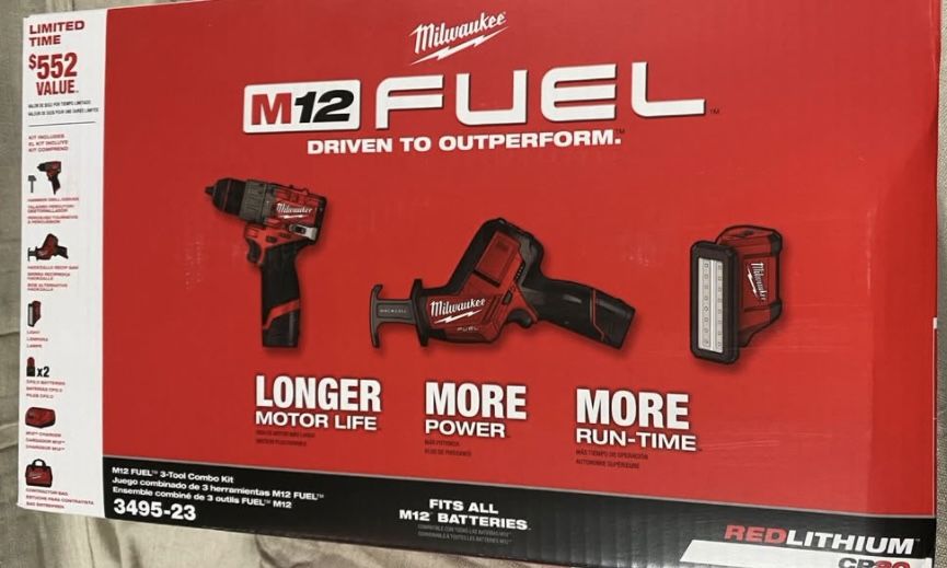 M12 FUEL 12-Volt Li-lon Brushless Cordless Hammer Drill Combo Kit, Reciprocating Saw, Flood Light w/2 Batteries (3-Tool)