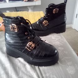 Ladies Black Military/Combat Style Boots w/ Double Rose Gold  colored  Buckles