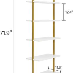 White & Gold 5-Tier Open Wall-Mounted Bookshelf with Stable Metal Frame