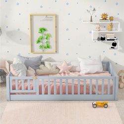 *READ* Twin Size Montessori Floor Bed with Guardrails & Door, Solid Wood Frame with Slats, Gray