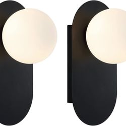 New 5.6” W Set of 2 Matte Black Mid Century W White Globe Glass Shade Wall Lamp Pole Wall Mount
