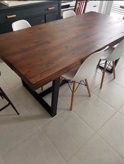 Rustic Wood Dining Table with Metal Base + 4 chairs