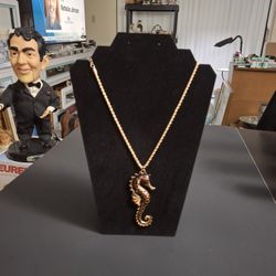 Vintage 1970's Red Enamel On Antique Bronze Tone Alloy Metal Seahorse Pendant Necklace With 18" Goldtone Chain - Great Gift Idea