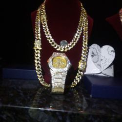 Watch & Chain Set A rapper stack pack jewelry equipment shine on videos📸🎥📸🎦🎥 lab diamond bright shining ice 26-in 18-in Cuban and watch heavy thi