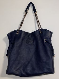 TORY BURCH MARION WHIPSTITCHED CHAIN slouchy LARGE tote BAG navy blue