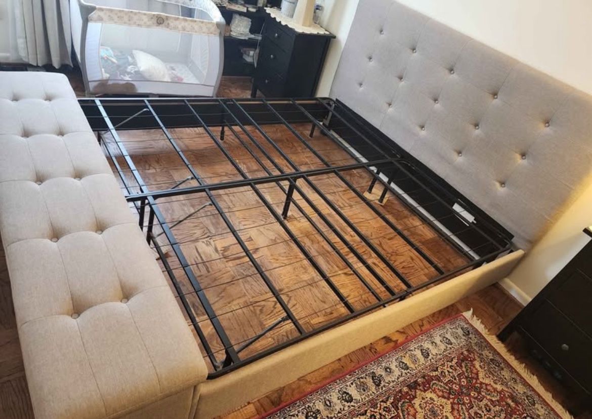 King size upholstered bed frame with storage bench and metal platform