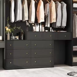 9-Drawer 47.2 in. W Retractable Dresser Makeup Vanity Desk Bedroom Storage Organizer in Black with Rotatable Table